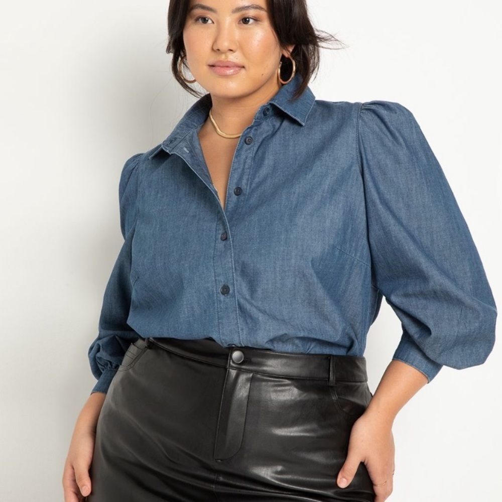 Eloquii Puff Sleeve Chambray Button Down Blouse Shirt